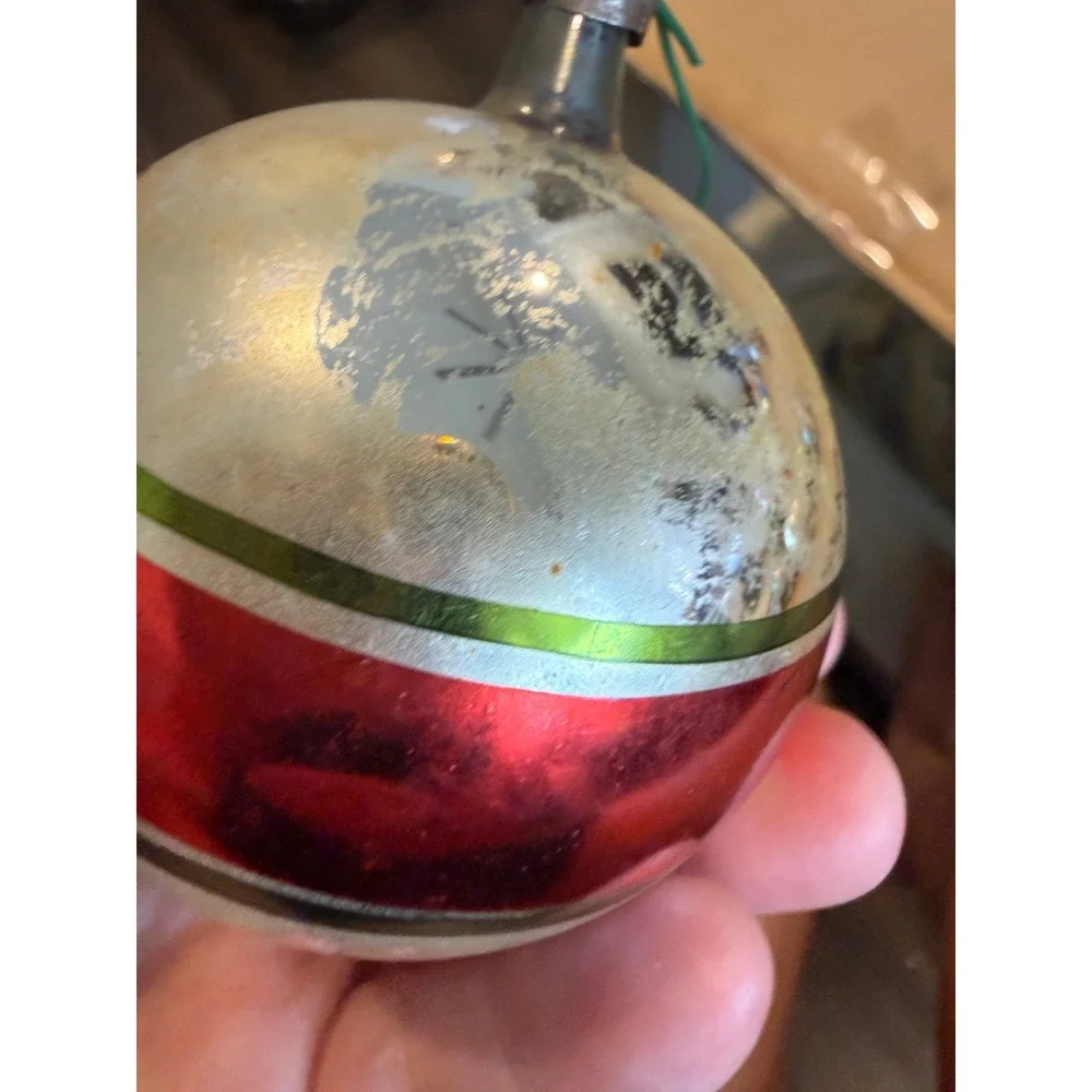 Vintage West Germany Striped Mercury Glass Christmas Ornament Red Green Silver